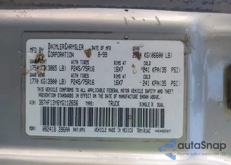 2000 Dodge Ram 1500 St from USA, damaged, VIN 3B7HF13Y6YG112656